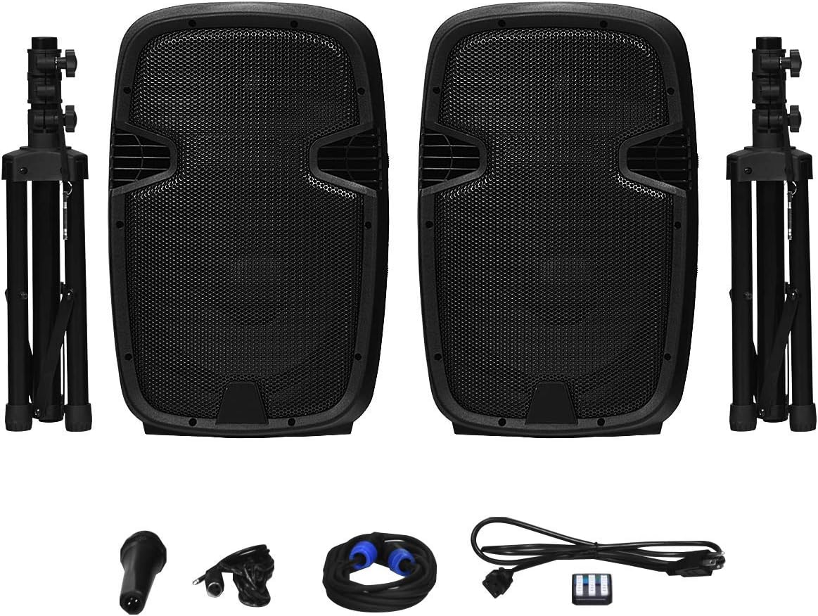 Costzon 2-Way Powered PA Speakers System Combo Set, 12 1600W Portable Dual Passive Active Speaker with 2 Speaker Stands, Bluetooth, USB/SD Card, AUX MP3 FM Radio, Microphone, Remote Control (12)