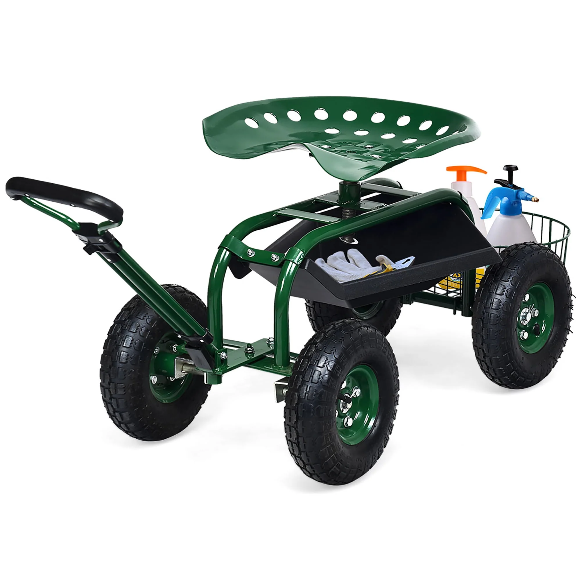 Costway Garden Cart Rolling Work Seat w/Tray Basket E xtendable Handle Green