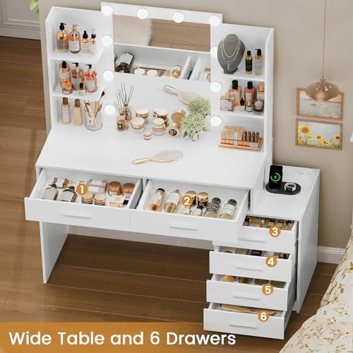 Quimoo Large Vanity Desk with LED Lighted Mirror & Power Outlet,Makeup Vanity Table with 7 Drawers,4 Shelves and 5 Hooks,Vanity Table, Vanity Desk Set for Bedroom,Bathroom,White