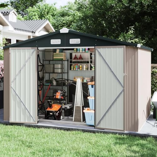 Aoxun 10 x 12FT Outdoor Storage Shed with Double Hinged Large Door Utility Garden Shed with Lockable Door & Sloped Roof Metal Sheds Outdoor Storage for Garden, Backyard, Patio and Backyard, Brown