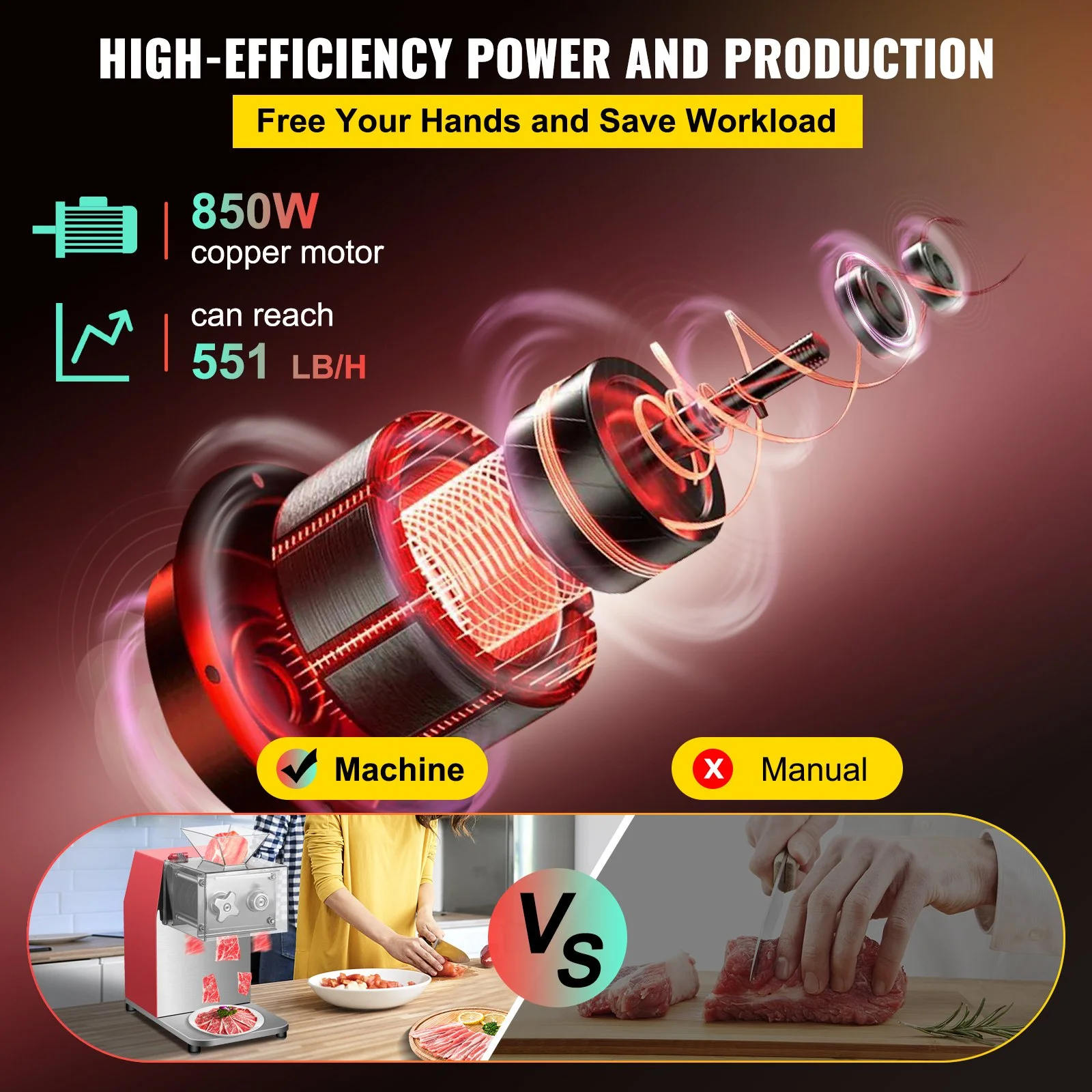VEVOR 850W Commercial Meat Cutter, 551 Lbs/H Capacity with 3.5mm Blade, Electric Stainless Steel Food Cutter for Lamb, Beef, Chicken - Ideal for Kitchens & Supermarkets, Red