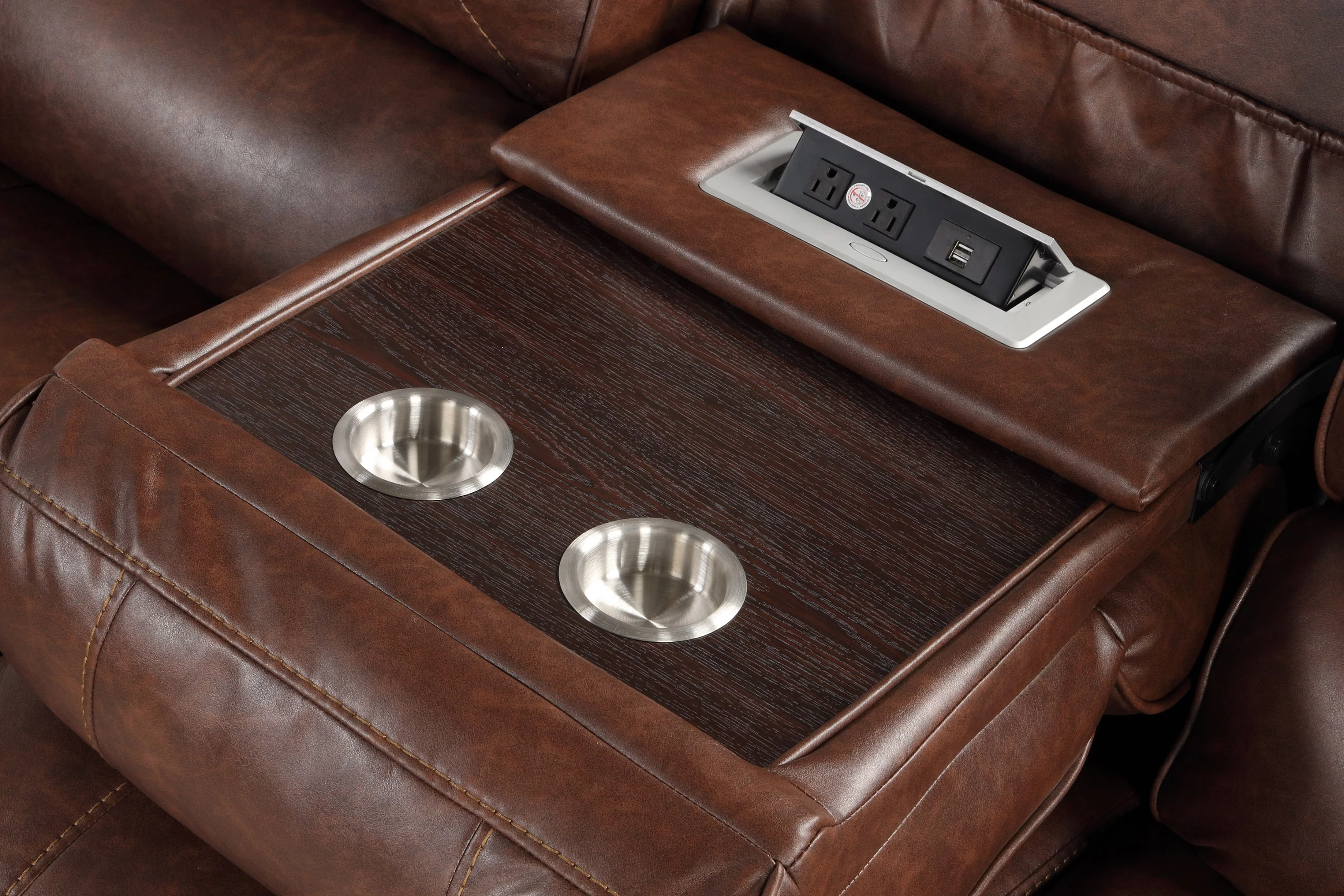 Roundhill Furniture Achern Brown Leather-Air Nailhead Manual Reclining 3-Piece Sofa Set