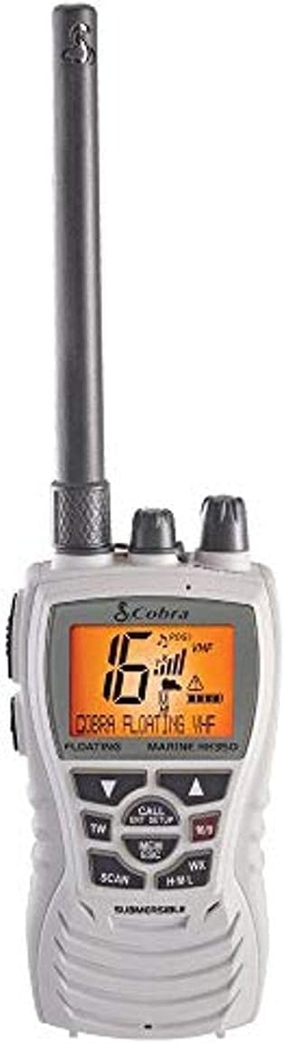 Cobra MR HH350W FLT Handheld Floating VHF Radio – 6 Watt, Submersible, Noise Cancelling Mic, Backlit LCD Display, NOAA Weather, Memory Scan, White
