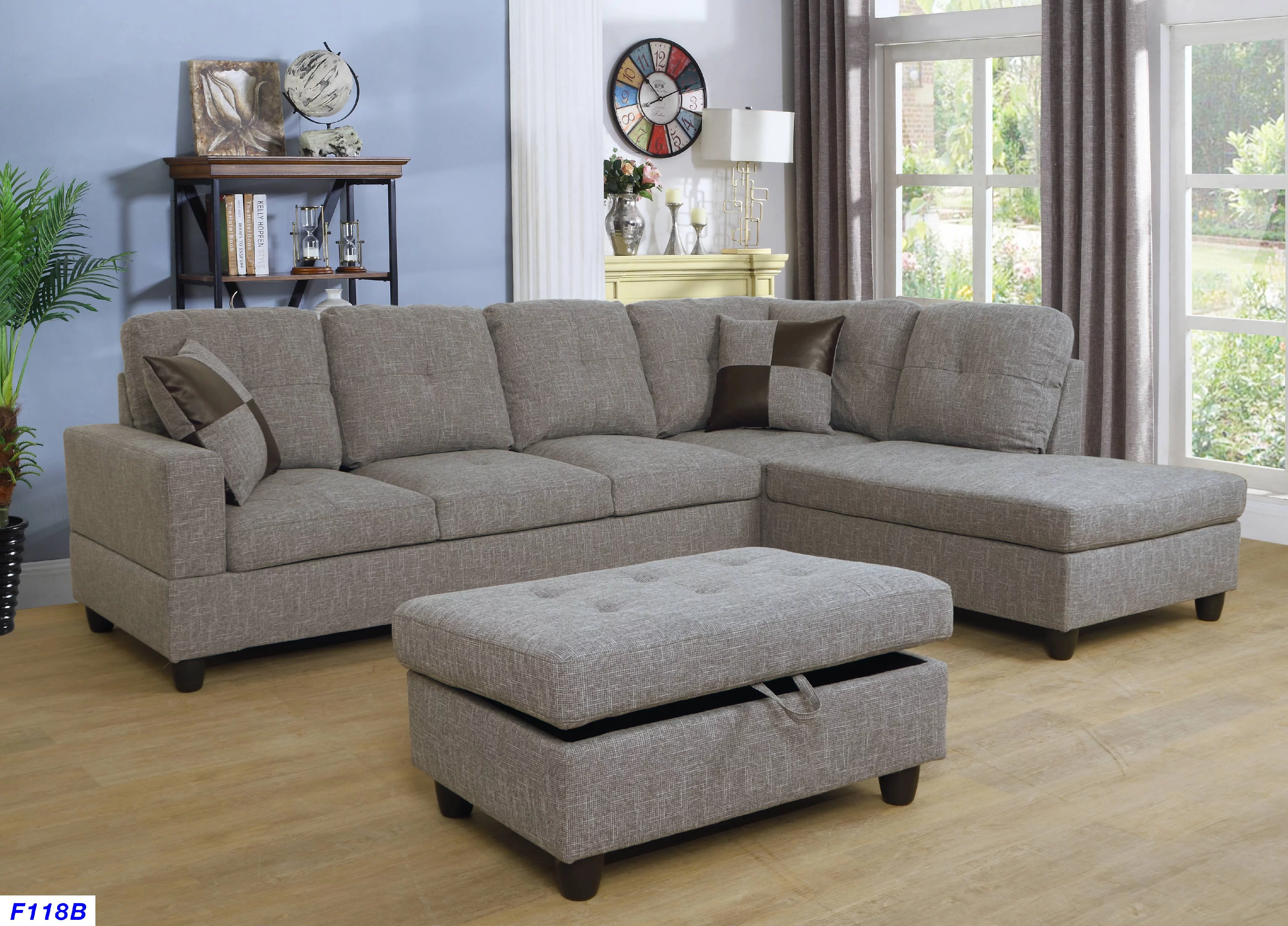 ASHEY Furniture - L Shape Sectional Sofa Set with Storage Ottoman, Right Hand Facing Chaise, Brown / Gray Color, Linen Upholstery Material