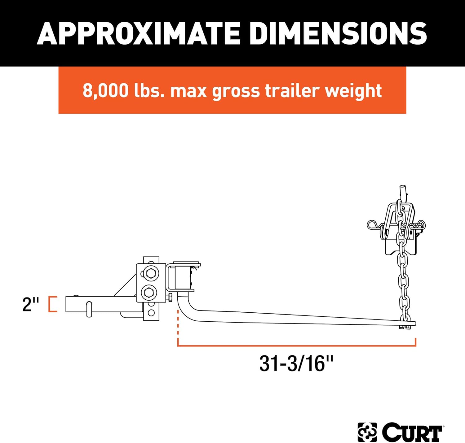 CURT 17051 Round Bar Weight Distribution Hitch with Integrated Lubrication, Up to 8K, 2-Inch Shank