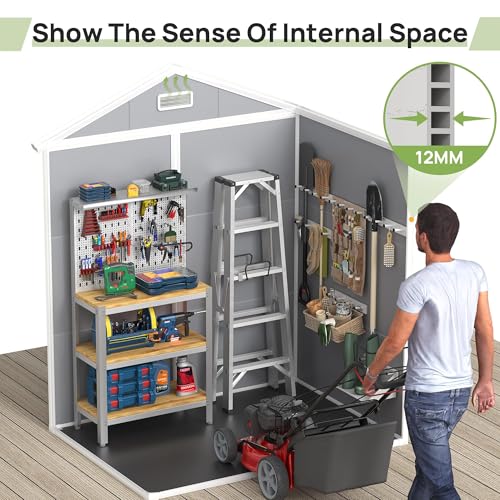 6x6FT Resin Outdoor Storage Shed, Plastic Garden Shed with Floor, Lockable Door & Window, Waterproof Tool Shed for Bike, Garbage Can, Lawn Mower, Patio Furniture Grey White