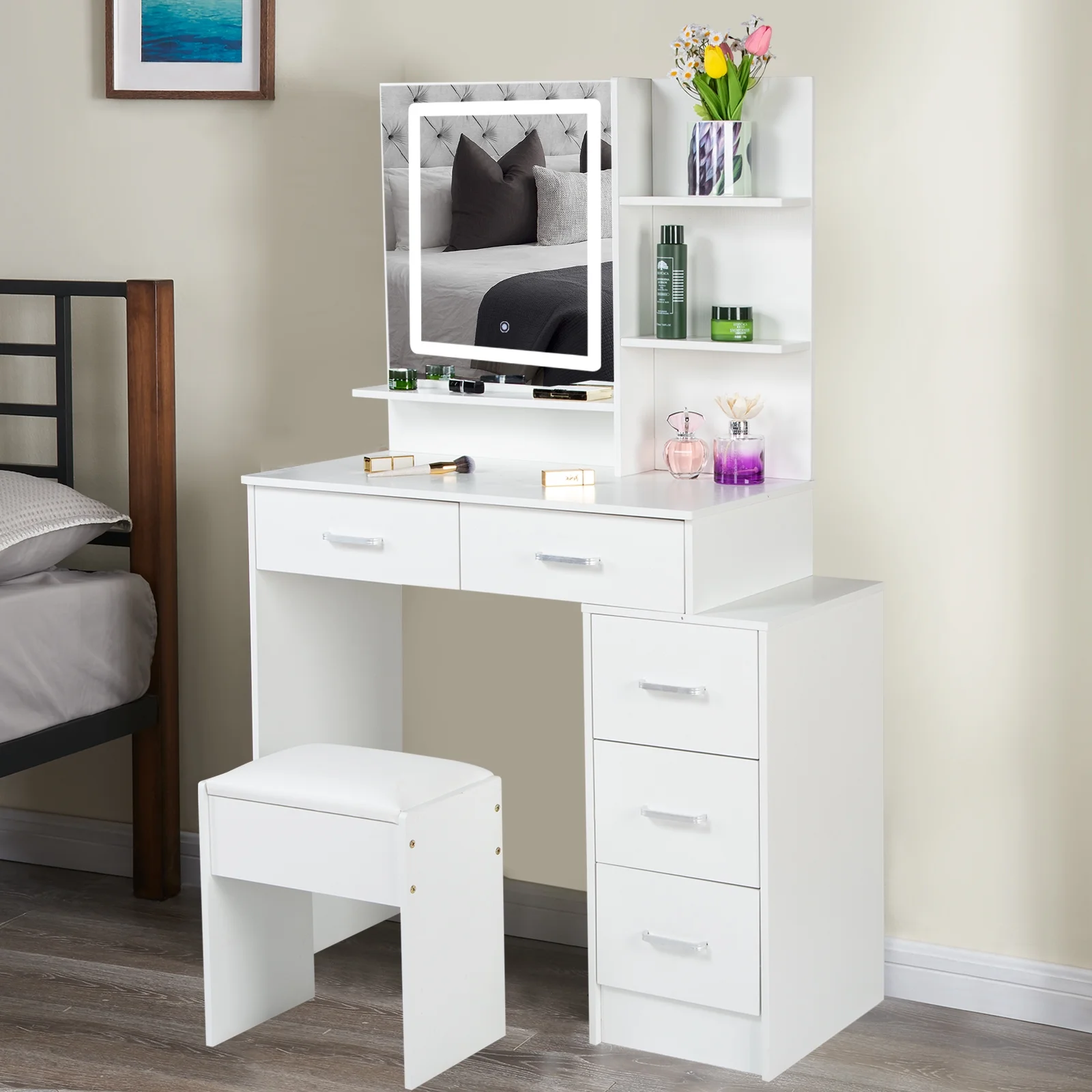 JBLCC Vanity Set with LED Lighted Mirror, Makeup Vanity Desk with Drawers and Shelves, Dressing Table with Stool, White Vanity for Girls Bedroom