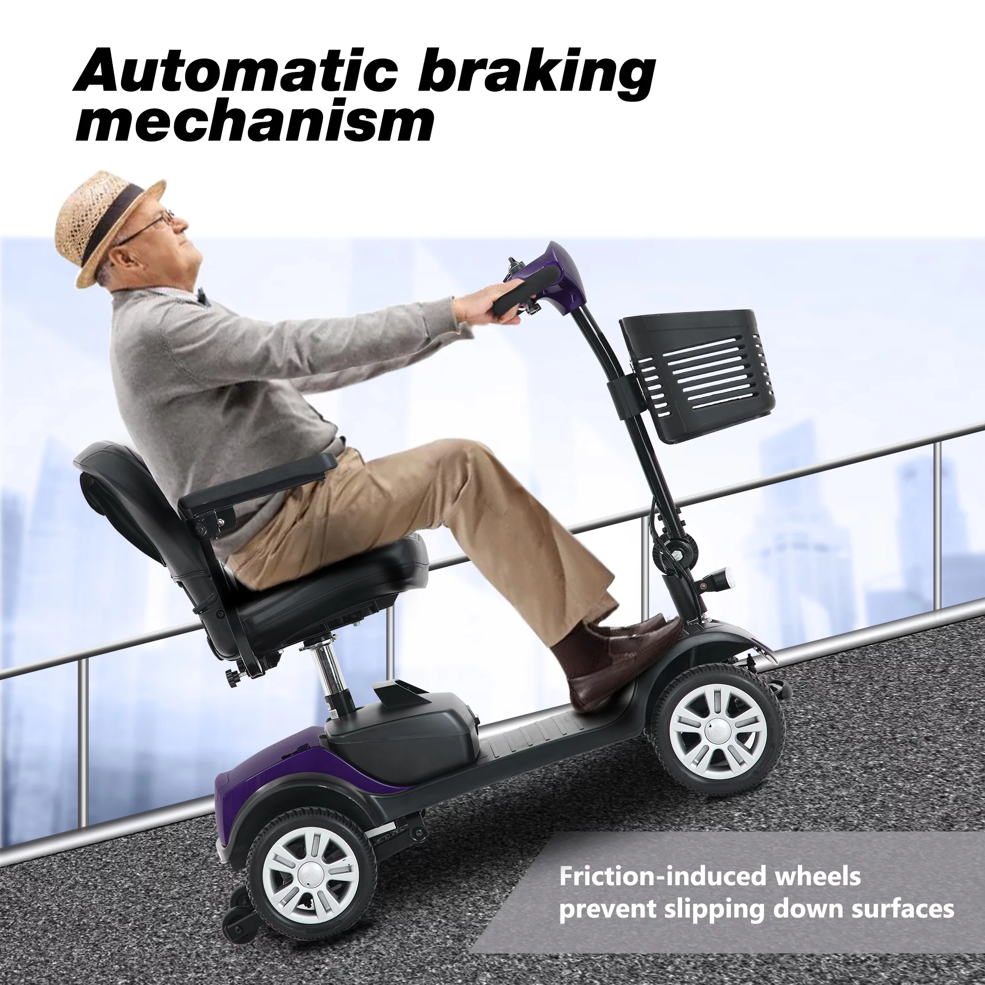 Travel Mobility Scooter, Heavy Duty Electric Scooters with 4 Anti-Tip Wheels, Compact Lightweight Mobility Scooters for Senior Adults Elderly, Foldable Mobility Scooter, Holds 300lbs, Purple