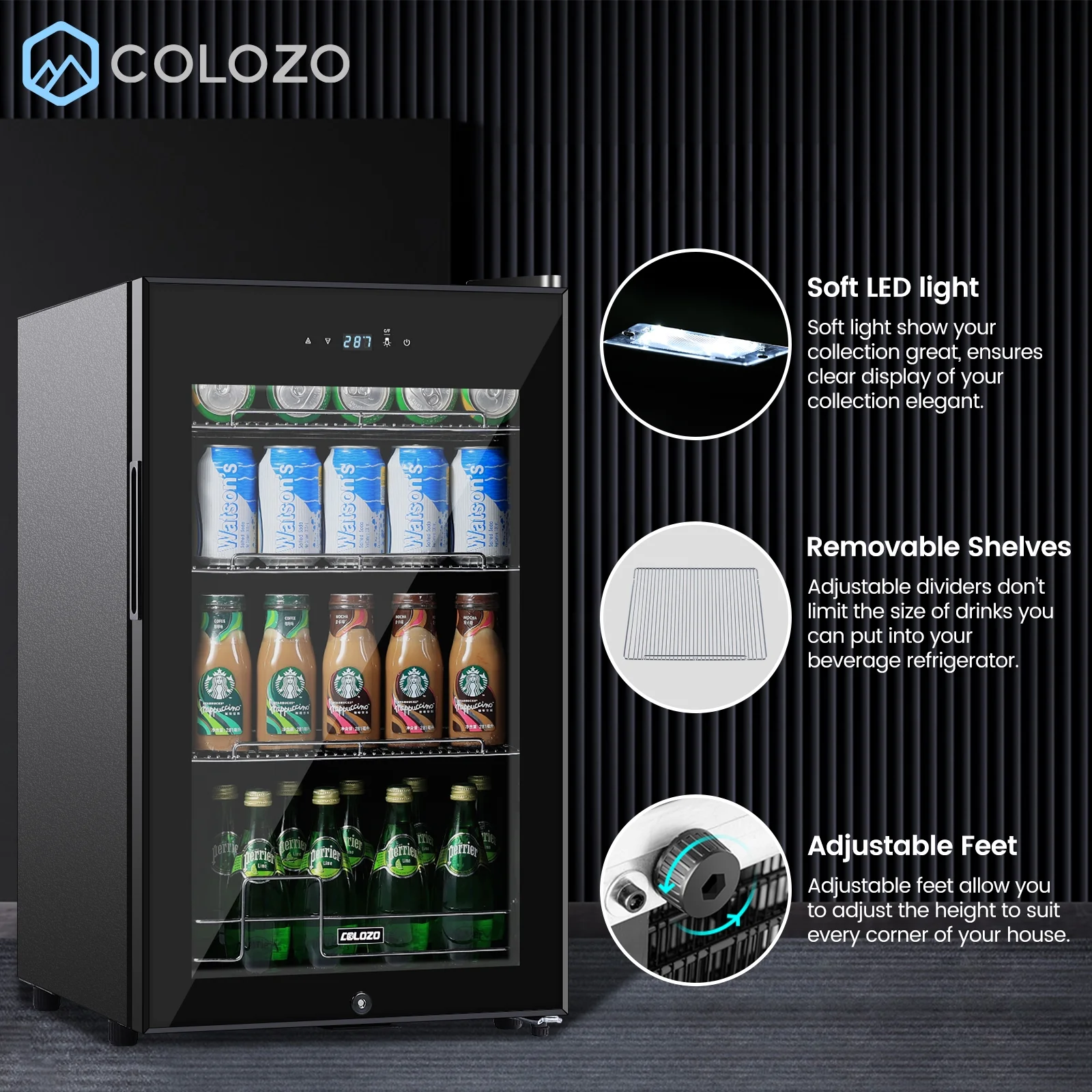 COLOZO Black Beverage Refrigerator Cooler, 96 Cans Freestanding Mini Fridge with Glass Door