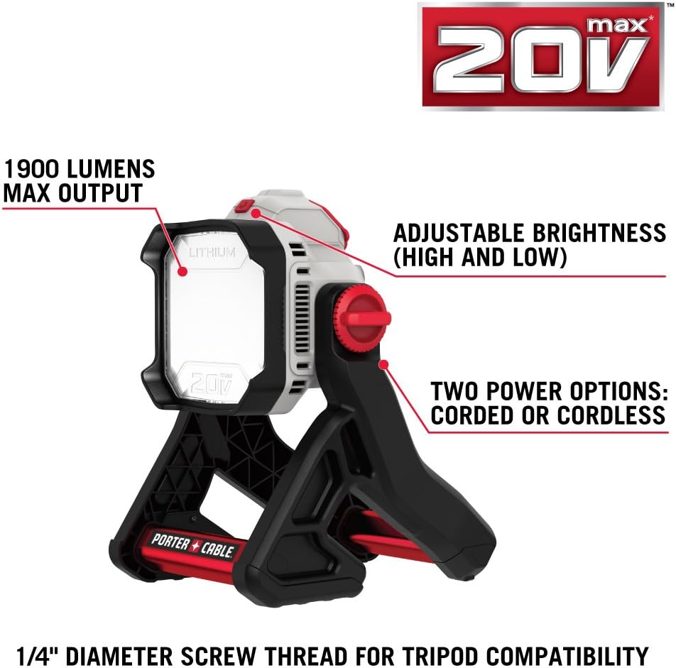 PORTER-CABLE 20V MAX LED Work Light, Corded/Cordless (PCCL500B) , Gray