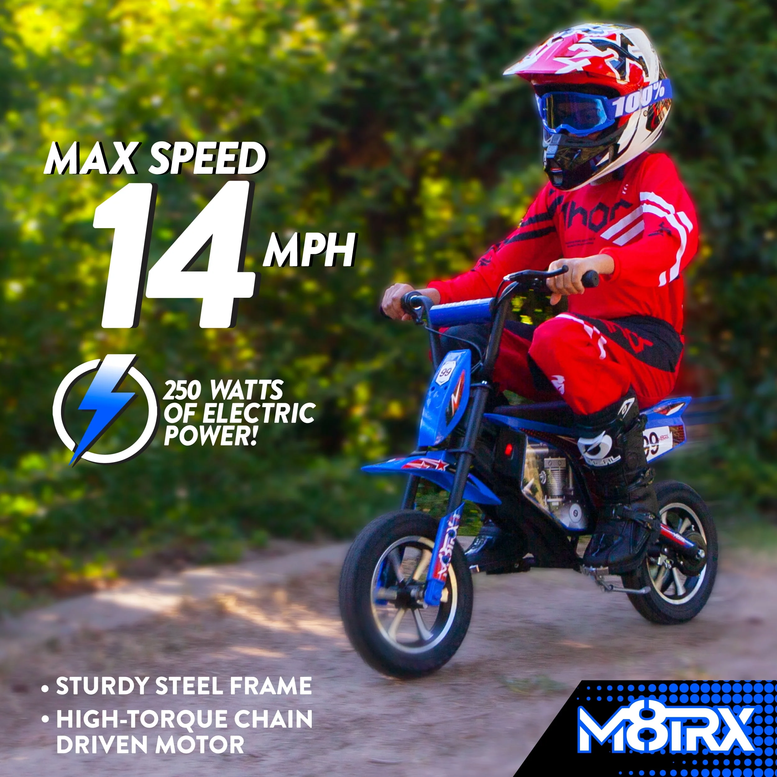 M8TRIX Blue 24V Electric Dirt Bike, Ride on Toy Motorcycle for Kids and Teens