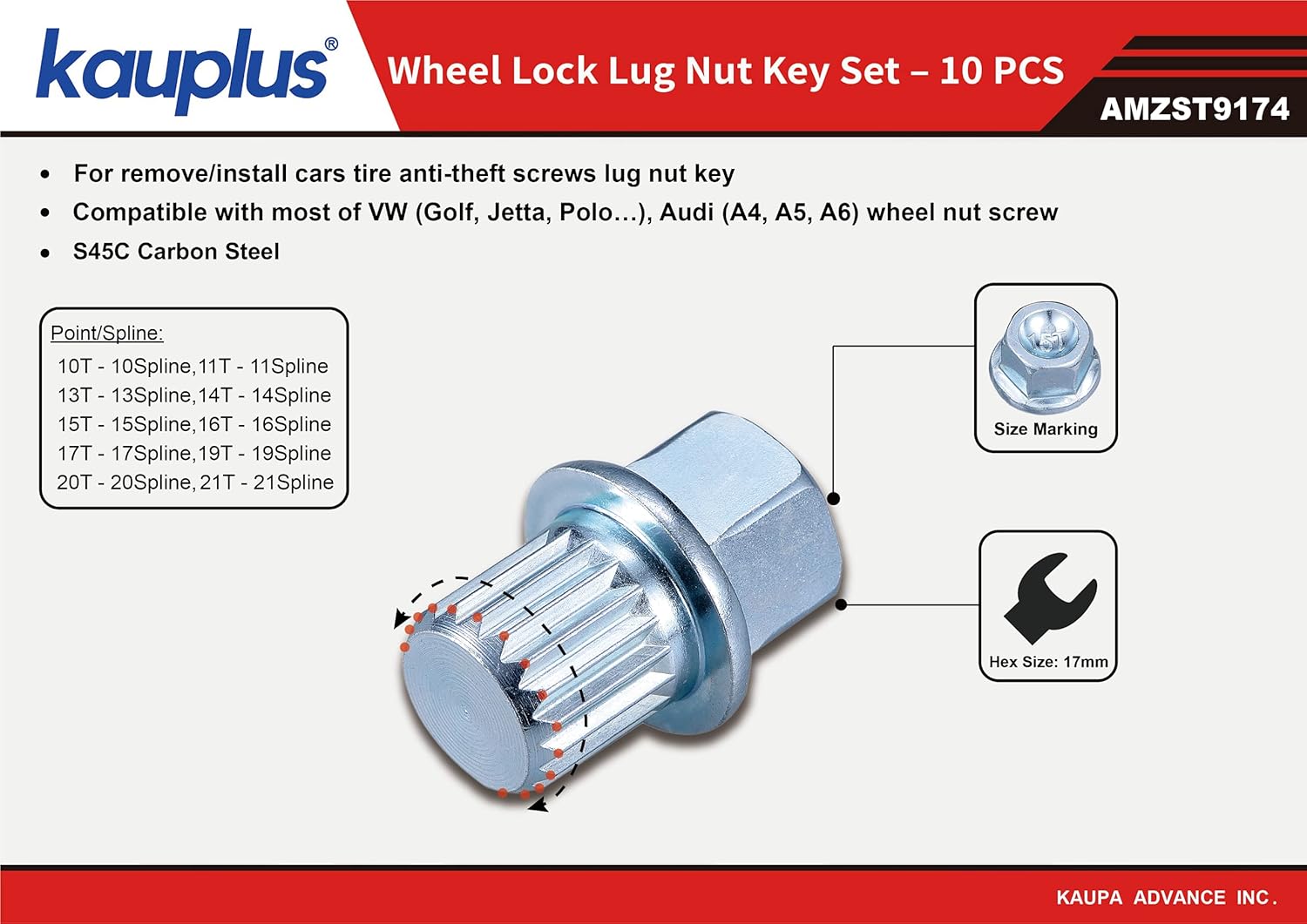 Kauplus 10PCS Lug Nuts, Wheel Lock Key- Anti Theft Wheel Lock Key Set for Cars Wheel Tire Nut Screw Removal