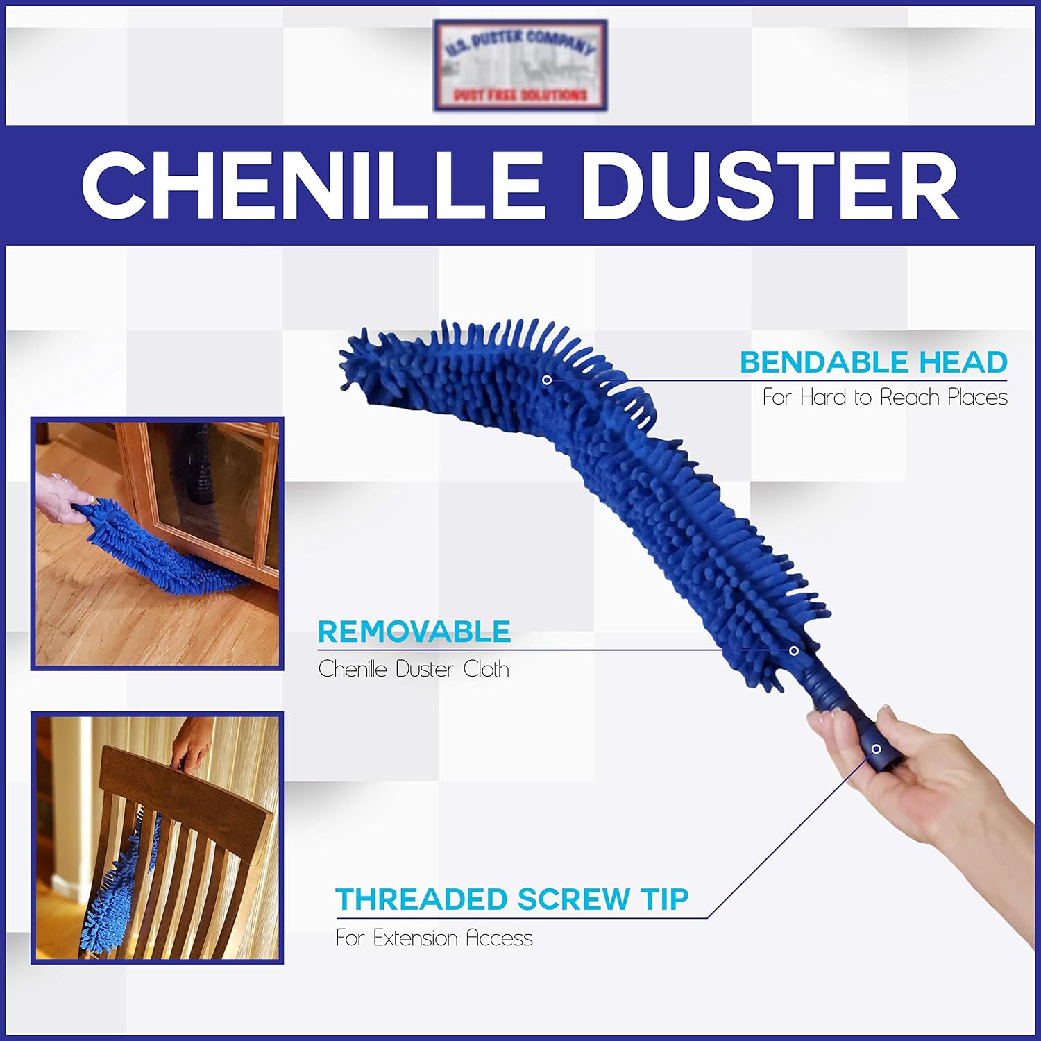 Blue Extension Rod Ceiling Duster with 18-20 feet Reach 3-Stage Aluminum Telescoping Pole - Cathedral, Cobweb, Microfiber, Ceilings Fan Duster Includes 2 Hand Dusting Kit