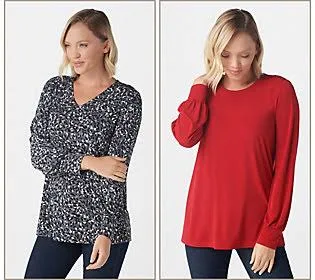Susan Graver Set of 2 Print and Solid Liquid Knit Tops, Size 1X, Grey/Red