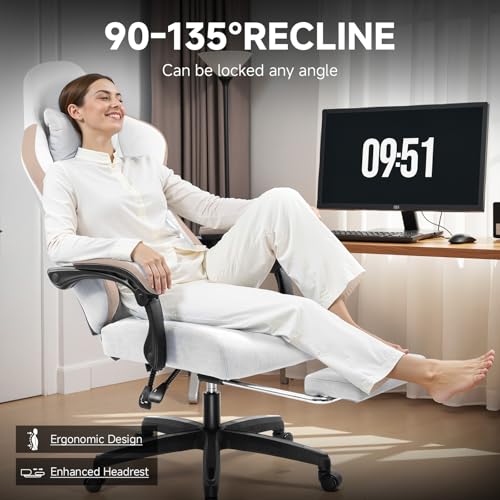GTPLAYER Office Chair, Gaming Computer Desk Fabric Chair with Footrest, High Back Ergonomic Office Chair with Pocket Spring Lumbar Support and Linkage Armrests Adjustable Height Swivel for Home Task