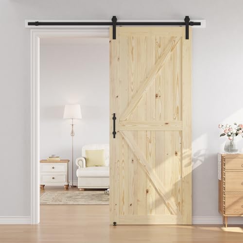 SMARTSTANDARD 36in x 84in Sliding Barn Door with 6.6ft Barn Door Hardware Kit Included, Unfinished Solid Spruce Wood Door, Assembly Required, DIY, Stainable, Natural