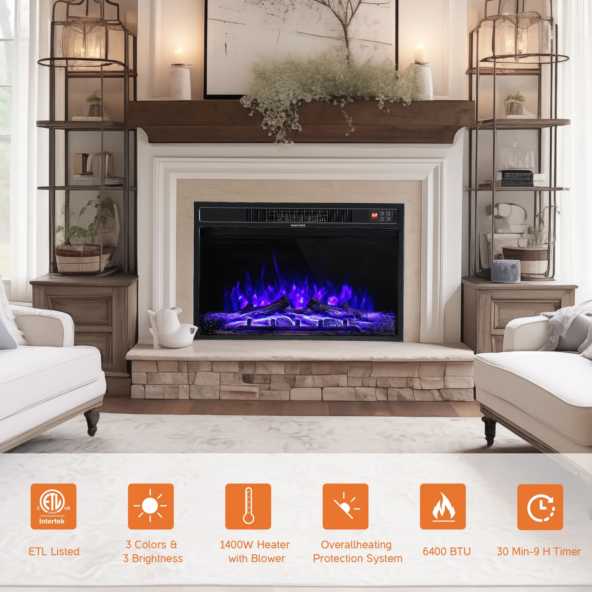 Electric Fireplace 28 inch, 1400W Fireplace Heater with Thermostat, Adjustable Flame Color and Brightness, Remote Control with Timer