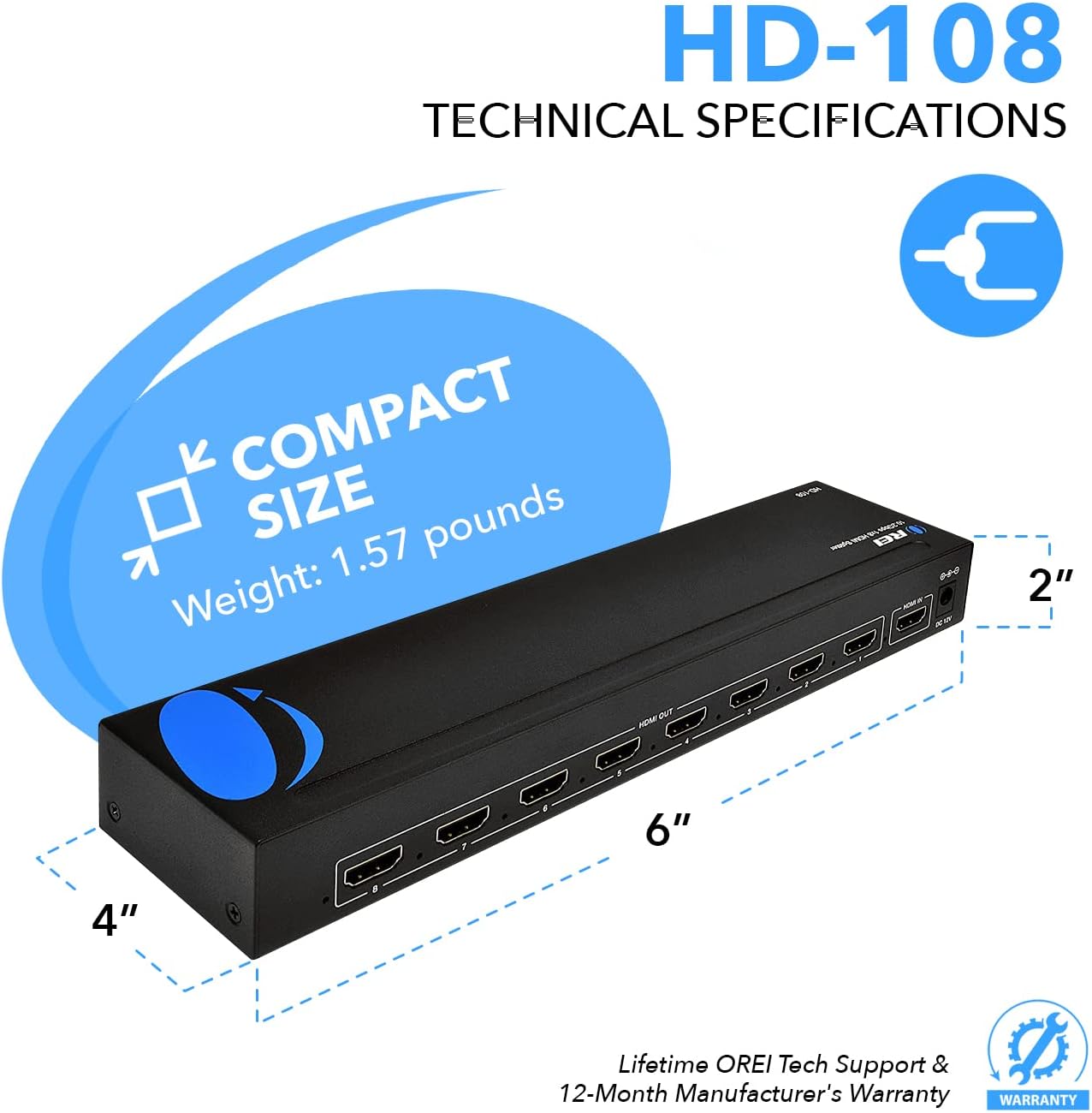 1080p 1x8 HDMI Splitter by OREI - 1 Port to 8 HDMI Display Duplicate/Mirror - Powered Splitter Ver 1.3 Certified for Full HD 1080P High-Resolution 3D Support (One Input To Two Outputs) - HD-108