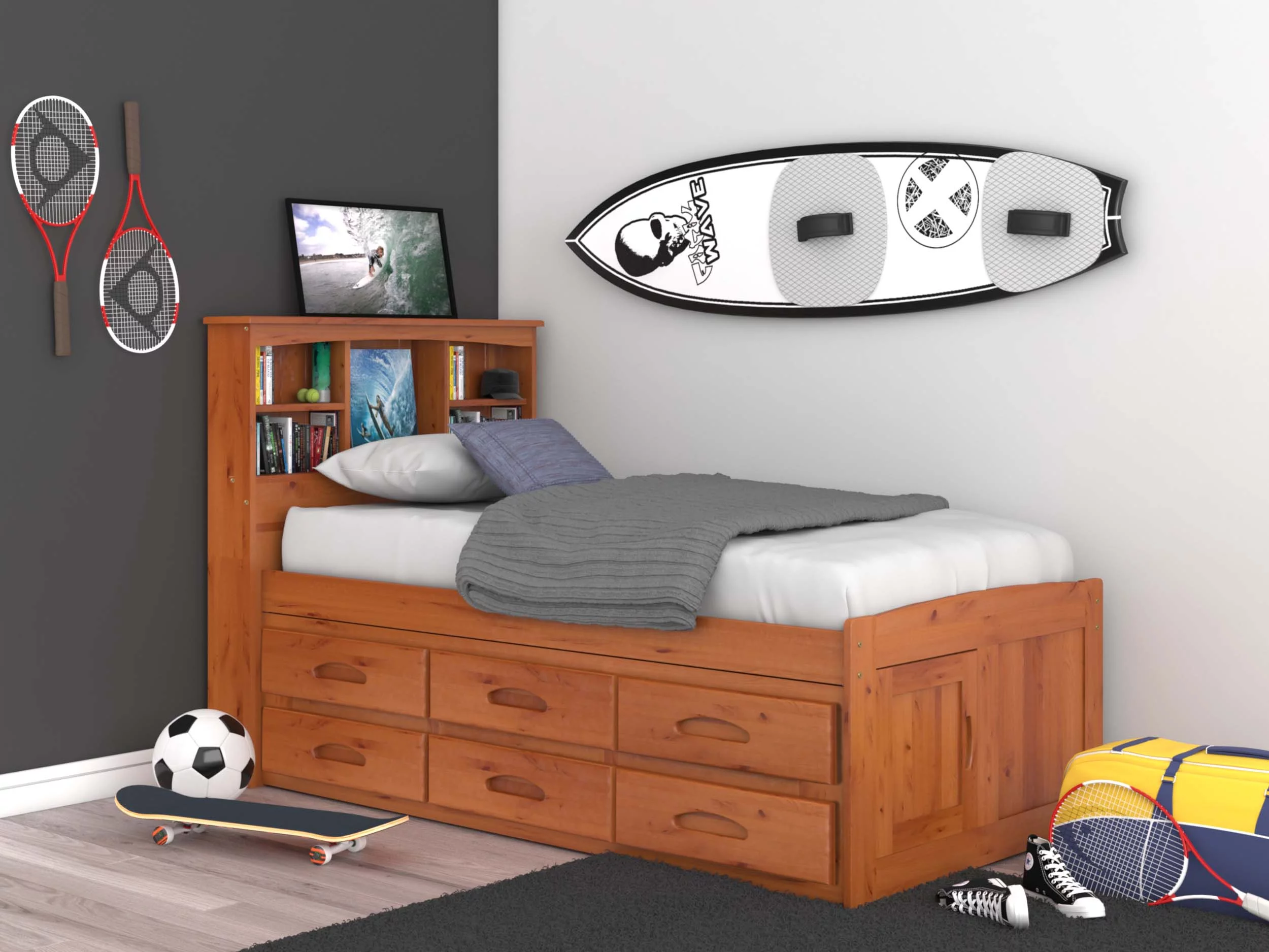 Discovery World Furniture Twin Bookcase Bed with 12 Drawers in Honey