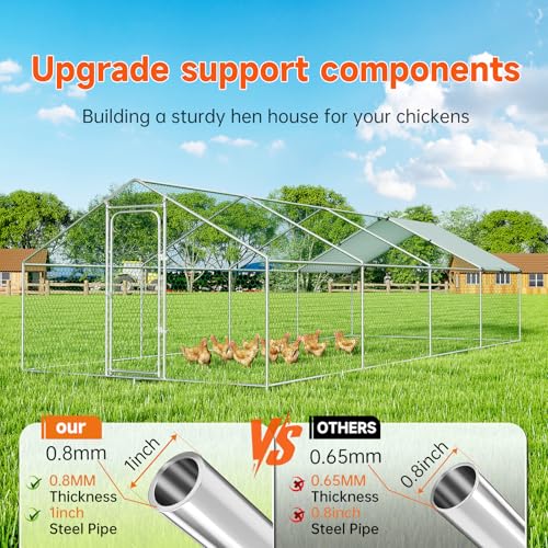 Large Metal Chicken Coop, Chicken Run Poultry Cage Hen with Water-Resident and Anti-UV Cover for Duck Rabbit House Outdoor Walk-in Chicken Pen for Yard, Dome Roof(10’ W x 19.7’ L x 6.4’ H)