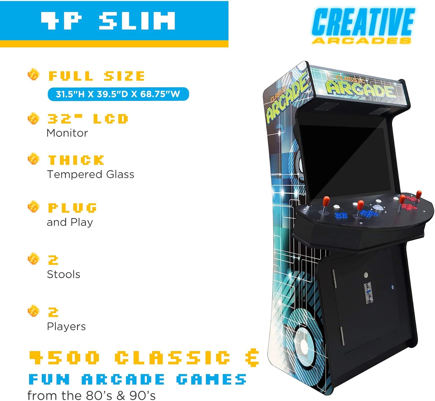 Creative Arcades Slim Full Size Stand-Up Commercial Grade Arcade Machine | 4 Player | 4500 Games | 32" LCD Screen | 4 Sanwa Joysticks | Trackball | 2 Stools Included | 3 Year Warranty