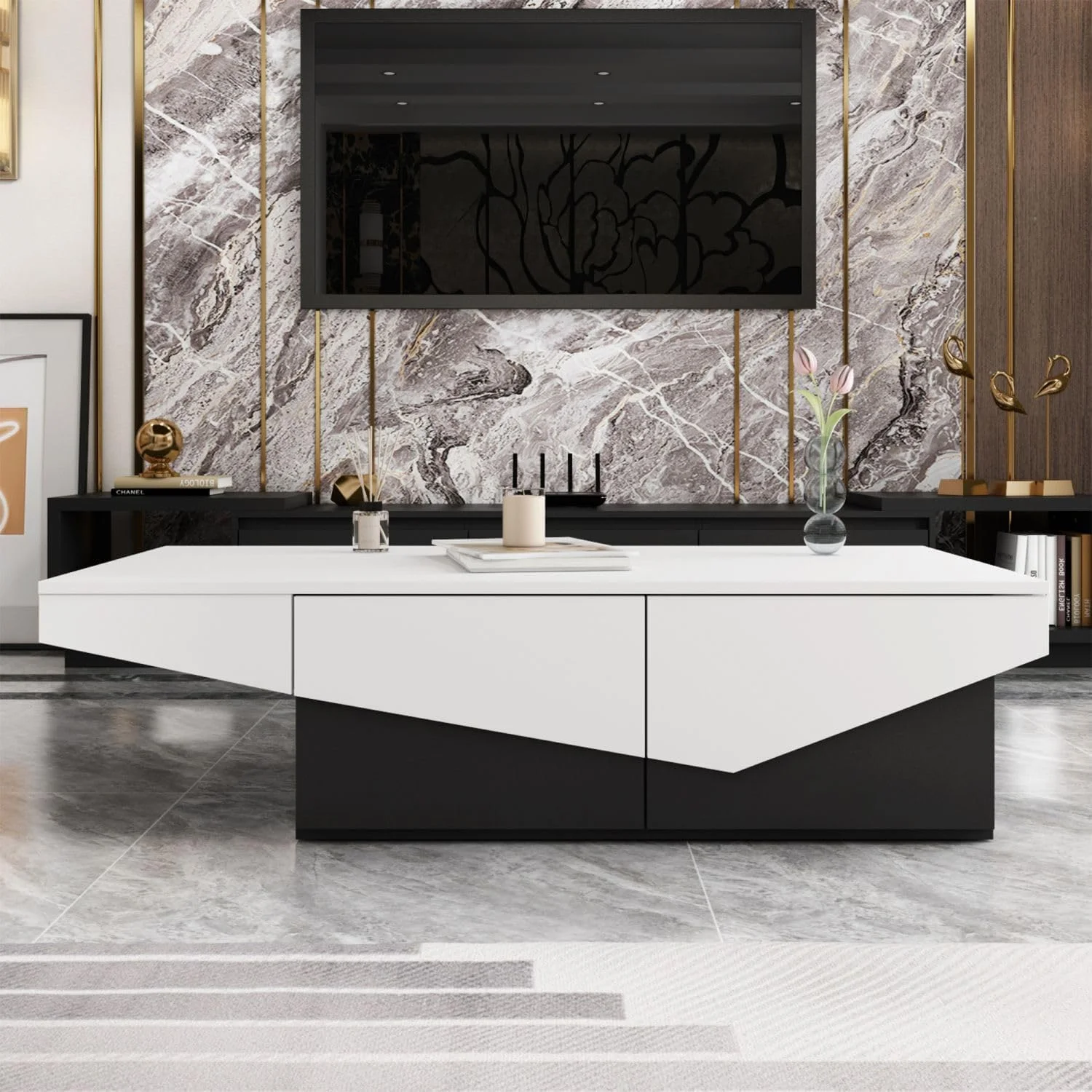 Modern Coffee Table with 4 Drawers, Central Table Living Room Coffee Table with Storage, White and Black Wood Coffee Table, Minimalist & Contemporary (47.2”W x 23.6”D x 12.4”H)