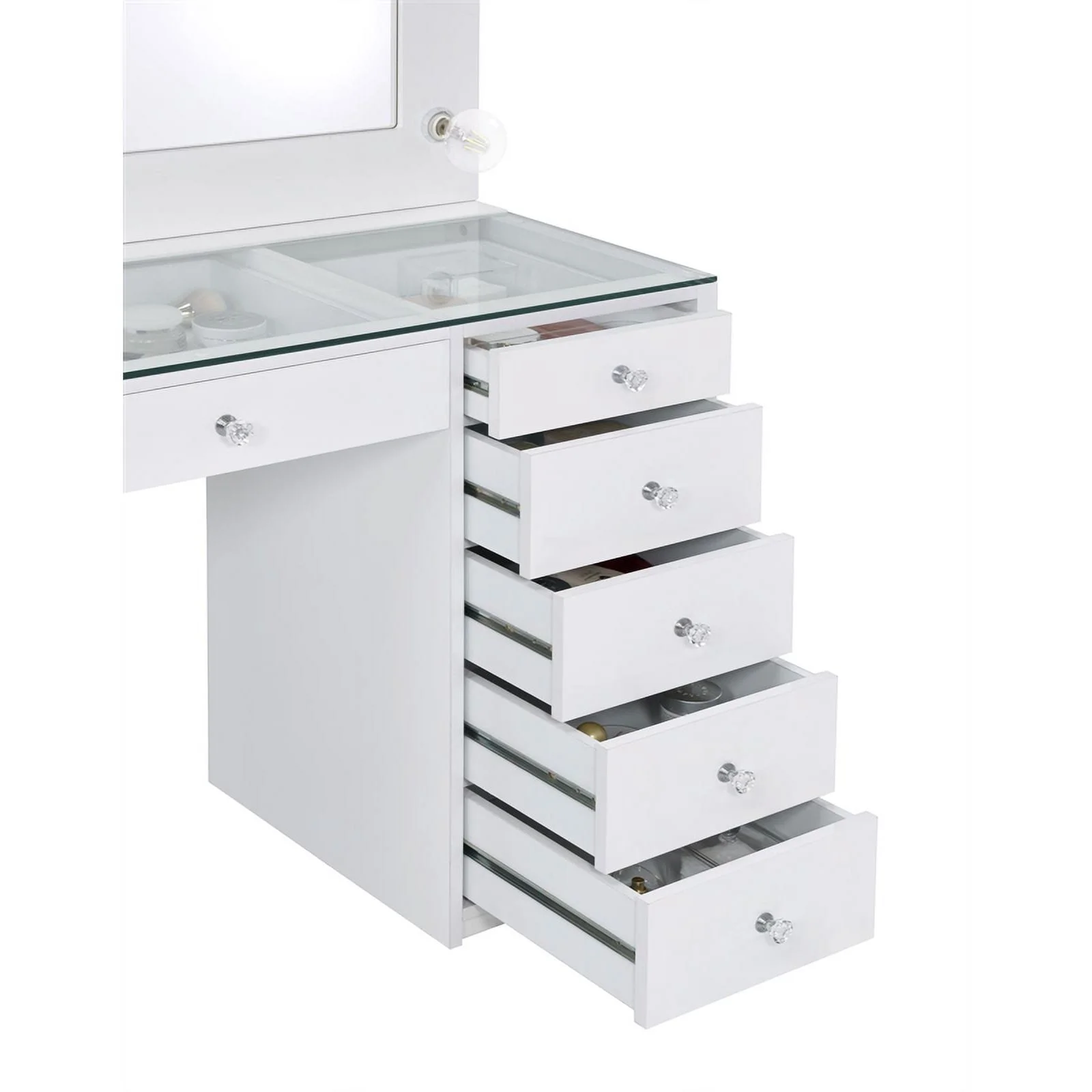Maklaine 7-Drawer Wood & Glass Vanity Desk with LED Lighting in White