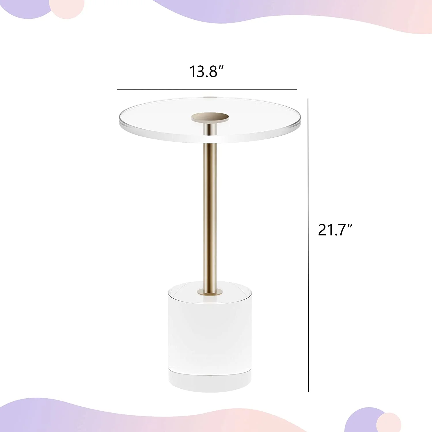Superjoe Clear Acrylic Side Table, 13.8 x13.8 x 21.7 inches, Lucite Round Acrylic End Table with Gold Post, Accent Drink Martini Table for Living Room Bedroom Small Spaces, Easy Assembly
