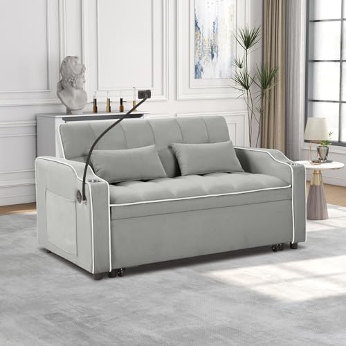 Convertible Sleeper Sofa Bed, 3 in 1 Velvet Pull Out Loveseat Couch Modern Comfy Futon Sofa with Adjustable Backrest & Phone Holder & USB Charging Space Saving for Living Room, Small Apartment, Grey
