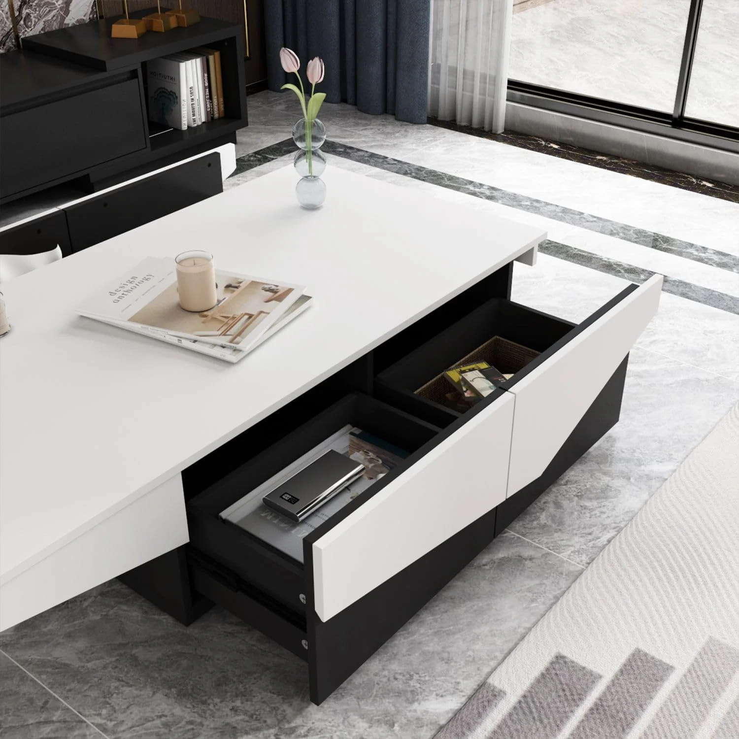 Modern Coffee Table with 4 Drawers, Central Table Living Room Coffee Table with Storage, White and Black Wood Coffee Table, Minimalist & Contemporary (47.2”W x 23.6”D x 12.4”H)
