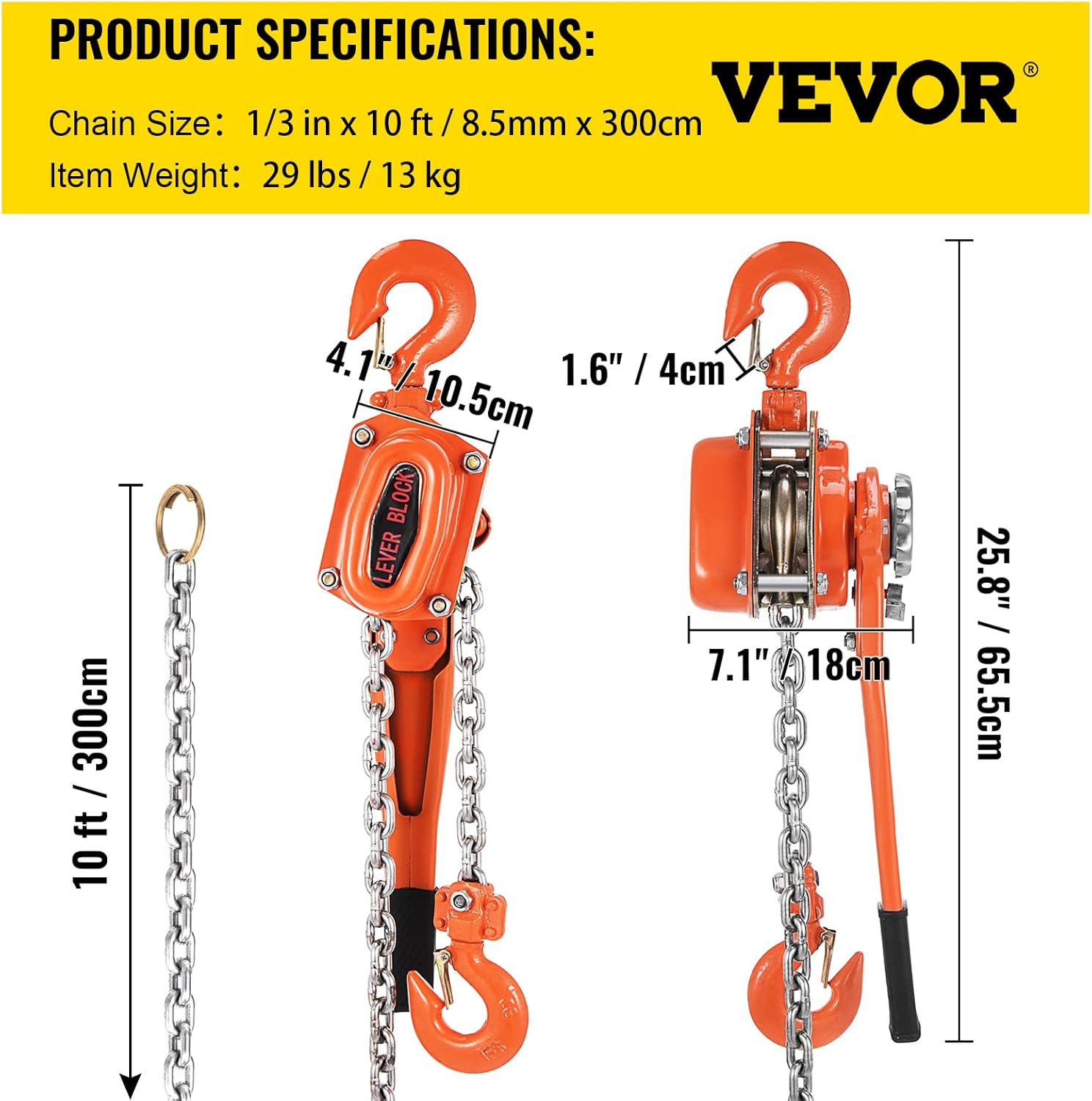 VEVOR Lever Chain Hoist, 1.5Ton 3300lbs Capacity Ratchet Puller with 10FT Max. Lifting Height, Come Along 2 Heavy Duty Steel Hooks, Manual Handling Tool for Cargo Moving in Construction, Warehouse
