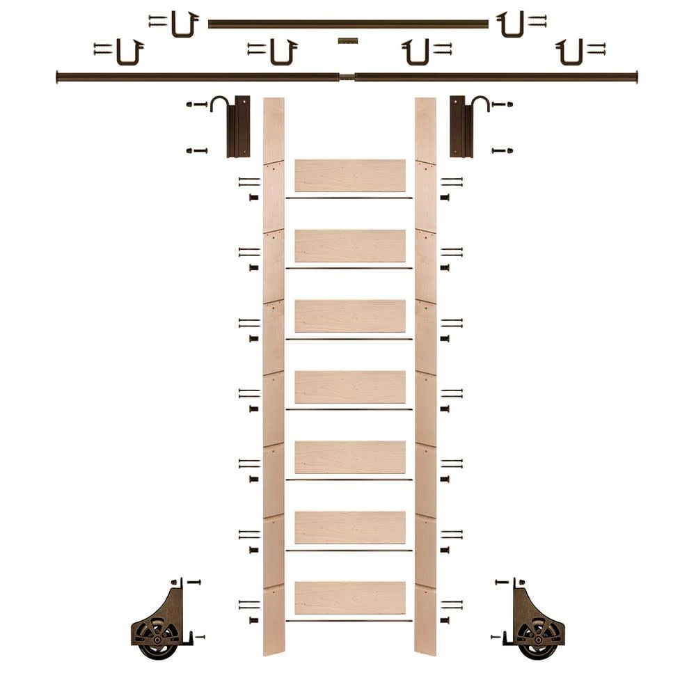E-Glide 92 in. Un-Finished Maple Library Ladder Bronze Sliding Hook Ladder Kit with 12 ft. Rail | EG.300-92MA-12.07