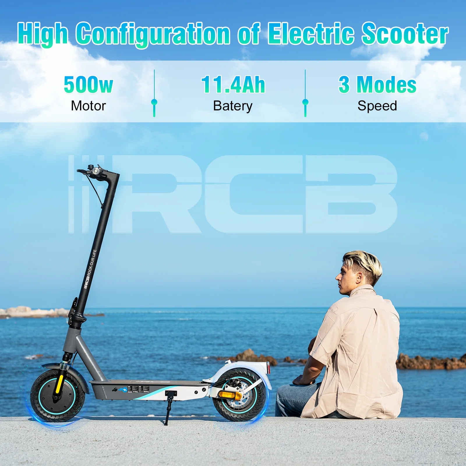RCB Electric Scooter with 10 Solid Tires, 500W Motor up to 19mph and 22 miles Range, Folding Electric Scooter for Adults, Gray