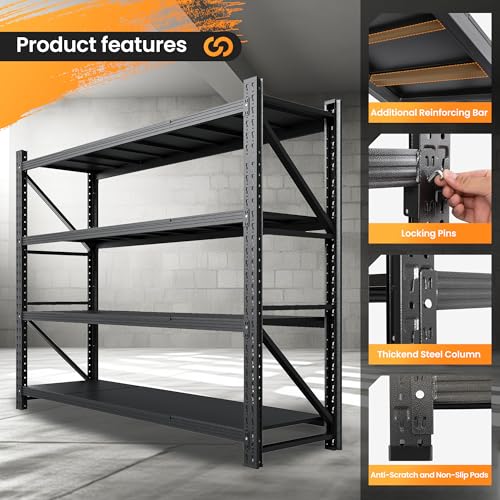 71” W Storage Shelves Heavy Duty, 5000LBS Metal Garage Shelving Units, 4 Tier Storage rack shelf, Steel Industrial Shelving , Adjustable Standing Shelf for Basement/Warehouse 71"W x 24"D x 70"H, Black