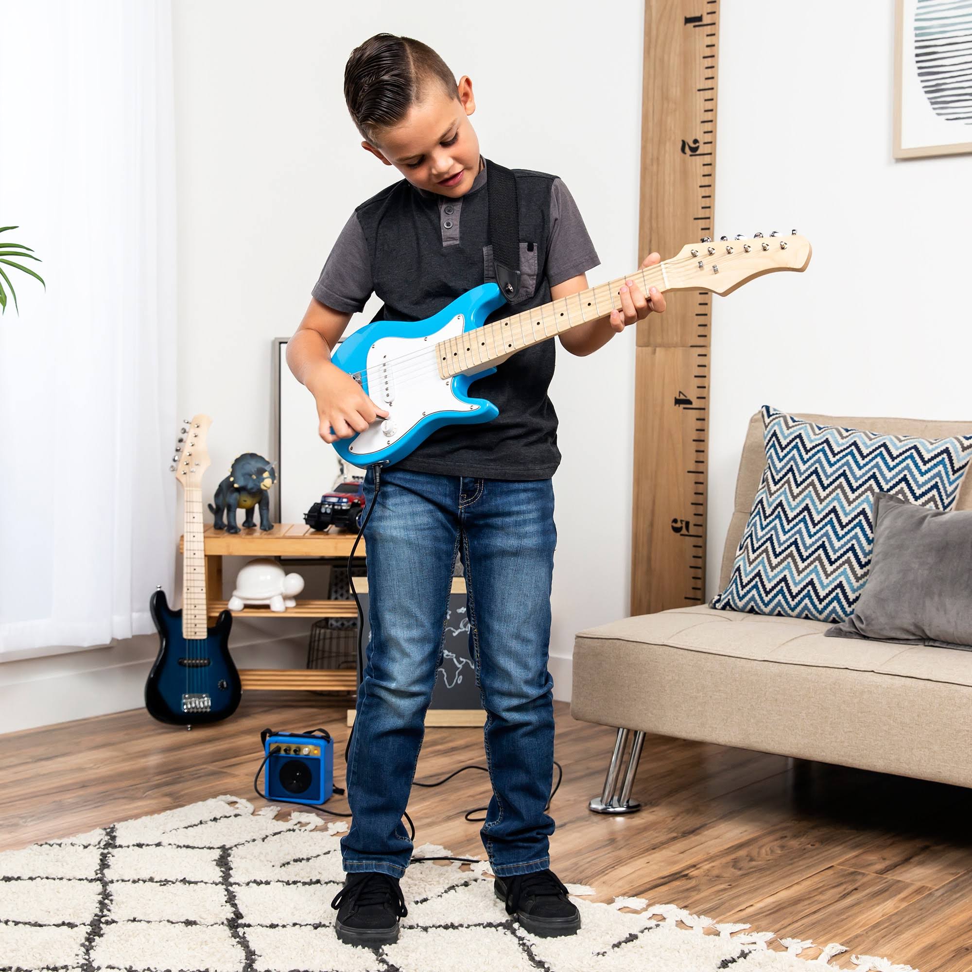 Best Choice Products 30in Kids Electric Guitar Beginner Starter Kit w/ 5W Amplifier, Strap, Case, Picks - Light Blue