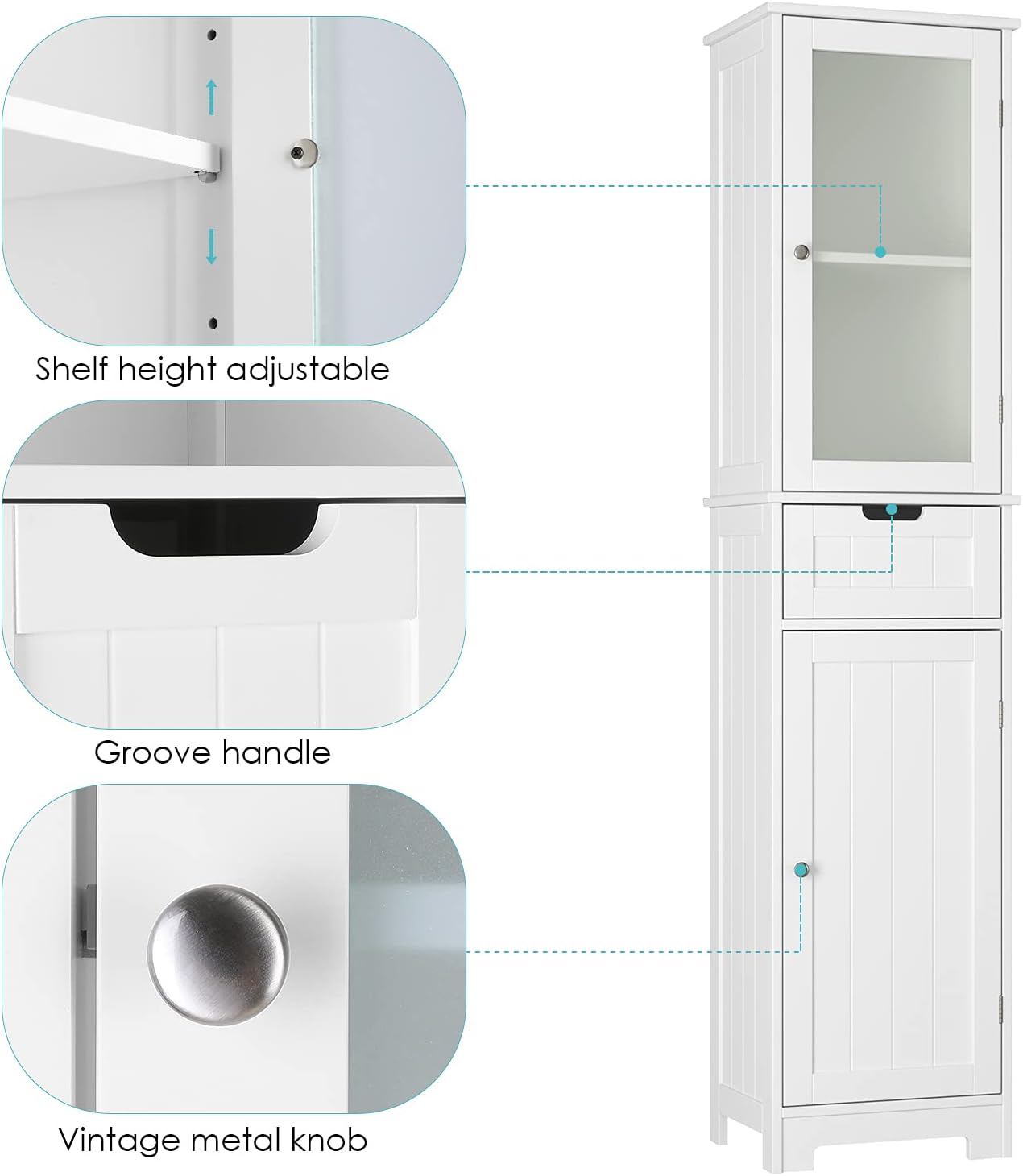 Bathroom Storage Cabinet, Tall Freestanding Cabinet with Door and Drawer, Narrow Slim Tower Cabinet with Adjustable Shelves for Home Office, White