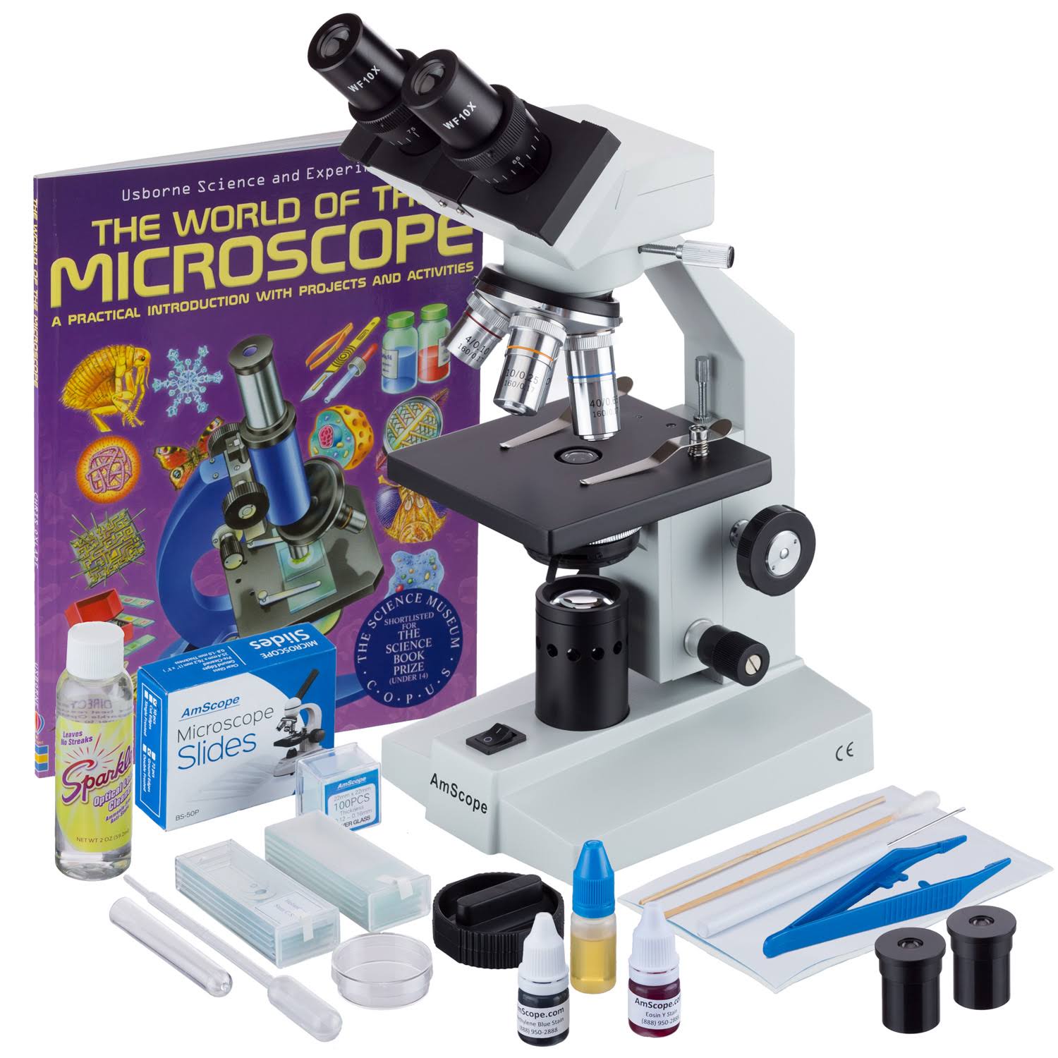 Amscope Binocular Biological Microscope 40X-2500X with Extensive Slide Preparation Kit and Book, White