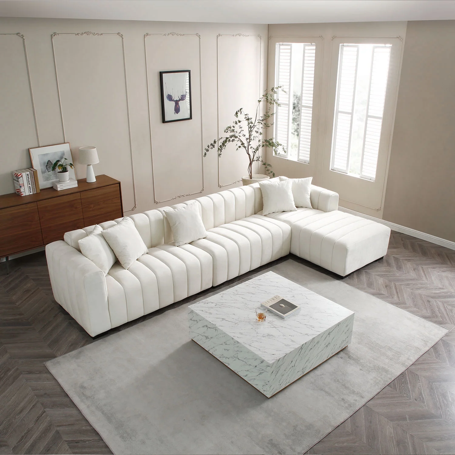 Kevinplus L-Shape Sectional Sofa with Deep Tufted Velvet Upholstered Right Chaise Modular Sofa,Sectional Sofa Couch for Living Room,Beige
