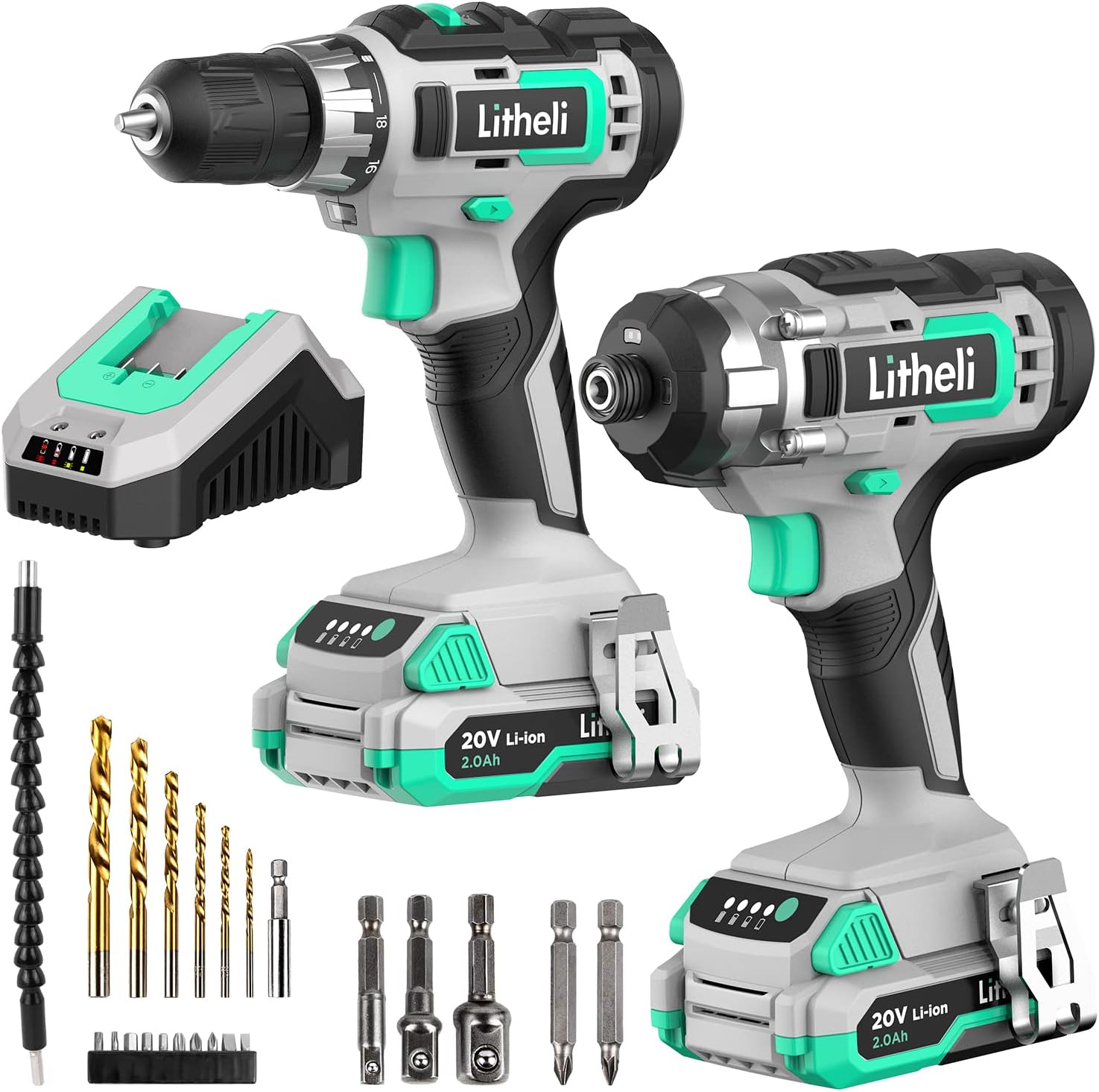 Litheli 20V Cordless Drill Combo Kit, 220 In-lbs Drill Driver and 1150 In-Lbs Impact Driver with 2 Pcs 2.0 Ah Battery 1H Fast Charger, Pack of 2