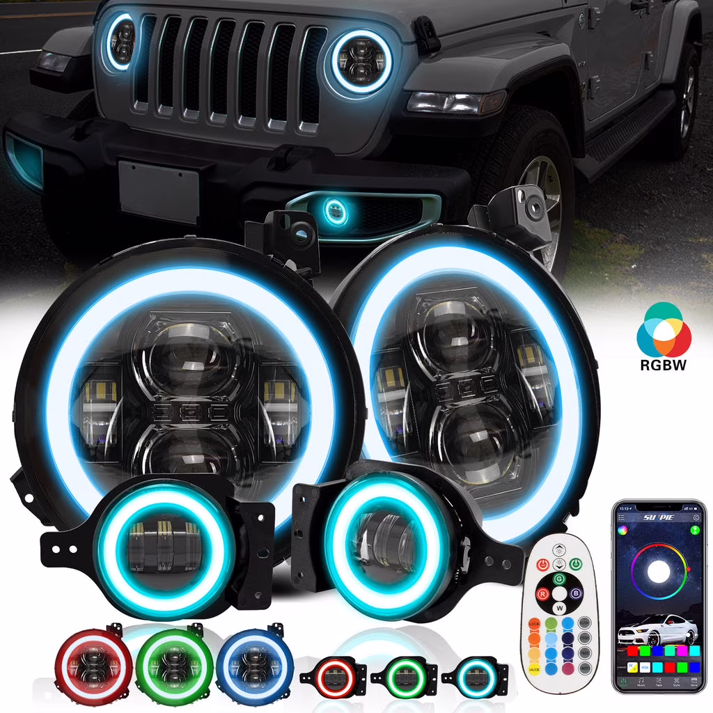 Sunpie Black 9" RGBW Halo LED Headlights & 4" RGBW LED Fog Lights for 2018-2024 Jeep Wrangler JL JLU Jeep Gladiator (JT)