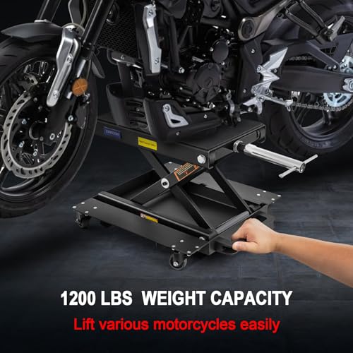 1200 LBS Motorcycle Jack with Dolly, Motorcycle Lift Stand for Dirt Bike ATV,Scissor Jack with Hand Crank Bikes Garage Repair Hoist Stand Ratchet Wrench