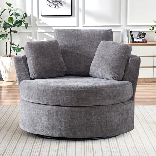 Chair and A Half with Ottoman, 360° Swivel Accent Barrel Chair Modern Comfy Round Reading Sofa Swivel Chairs Circle Lounge Chair for Bedroom Living Room w/4 Pillow Lower Seating Heigh (White, Large)