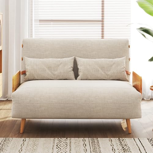 3-in-1 Convertible Chair Bed Sleeper for Adults, Linen Convertable Sleeper Chair with Wooden Arms & Pillows, Foldable Single Futon Sofa Bed (Mid Century with Walnut Arm, 36.6" Wide)