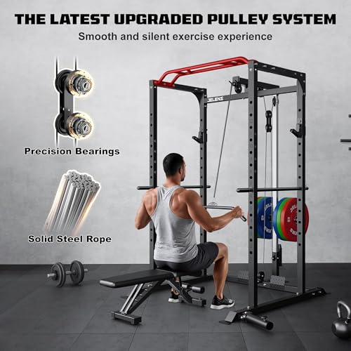 Power Cage, 2000LBS Multi-Function S11 Power Rack with LAT Pulldown, Squat Rack with Adjustable Pulley System and More Training Attachments, Weight Workout Machine for Home Gym
