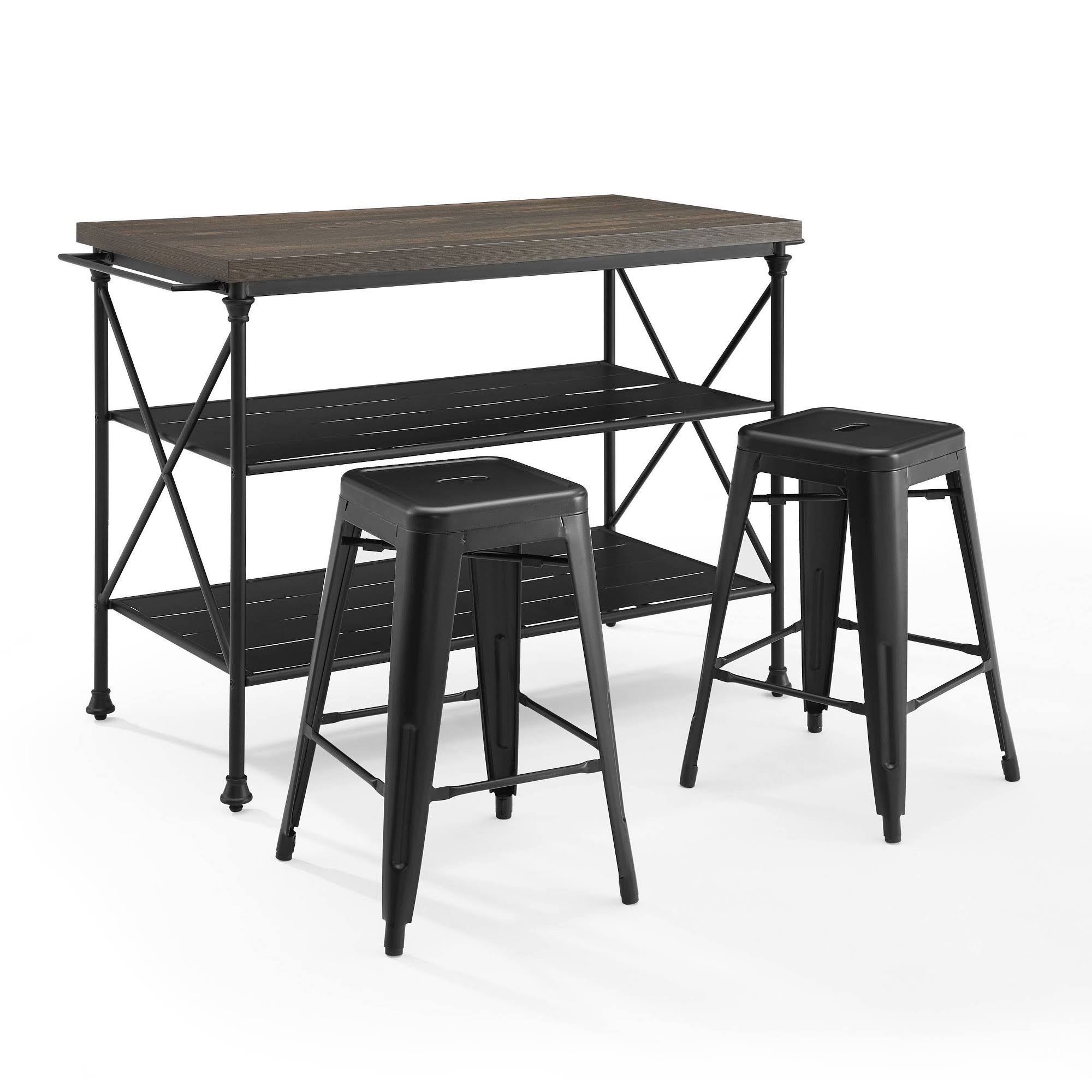 Crosley MADELEINE 3 Piece Kitchen Island 2 Stools Set Brown Black