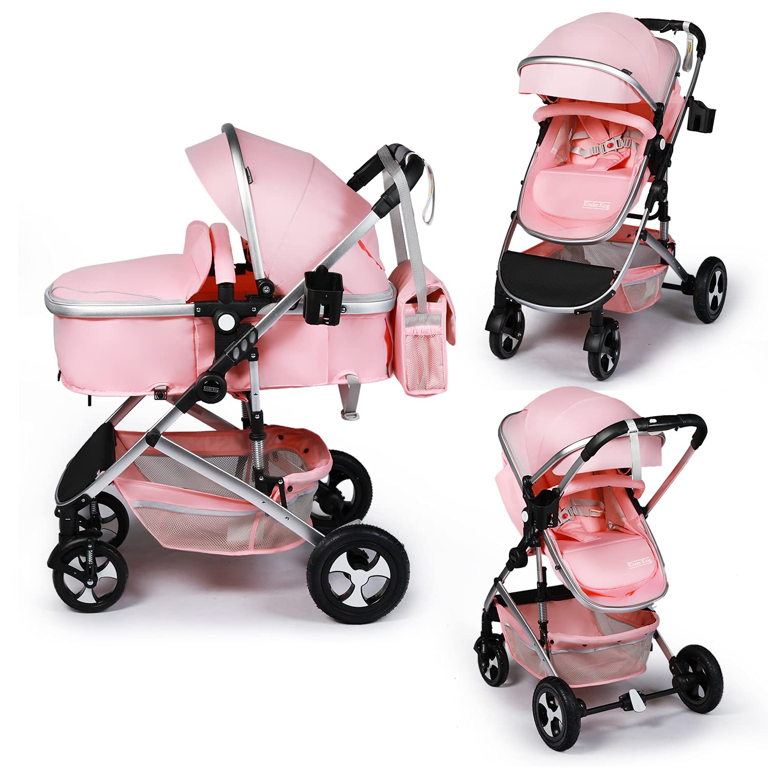 Kinder King 2 in 1 Convertible Baby Stroller, Folding High Landscape Infant Carriage, Newborn Reversible Bassinet Pram, Adjustable Canopy, Diaper Bag, Anti-Shock Toddler Pushchair Stroller, Dark Grey
