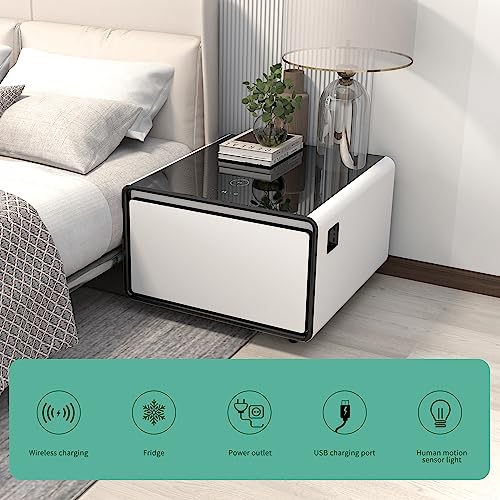 Atlodas 26.5" Smart Nightstand with Fridge, Mini Coffee Table, Side Table with Wireless Charging, Power Outlet, USB Interface, Outlet Protection, Induction Light, (Black)
