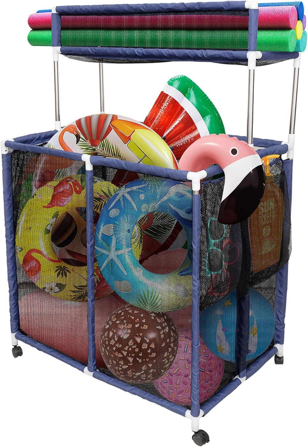Double Tier Rolling Pool Toy Storage Cart Bin - 37"L x 25"W x 56"H Pool Storage Organizer Bin Cart with Top Shelf & Side Pockets, Pool Nylon Mesh Basket Organizer for Floats Noodles Goggle Accessories