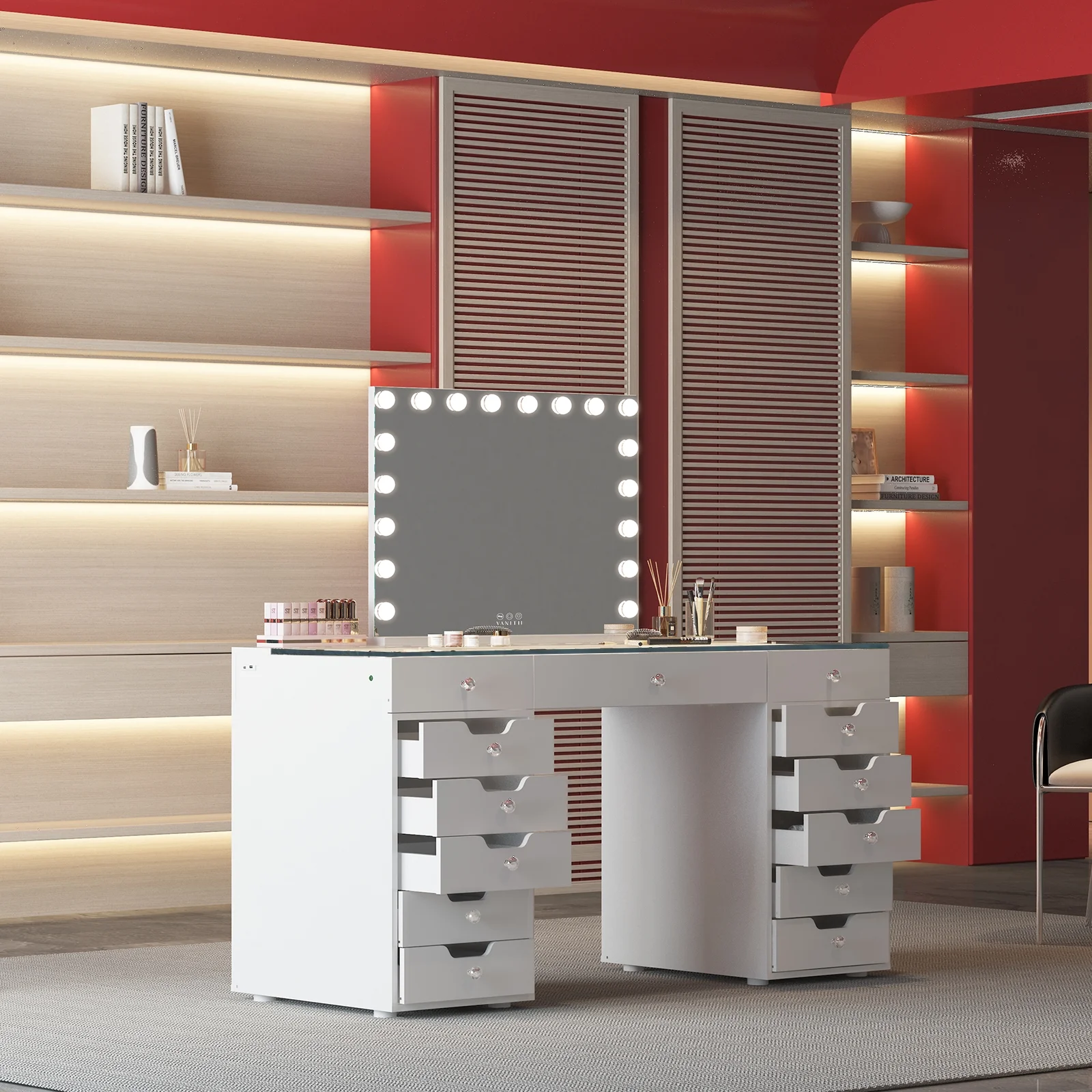 VANITII 13 Drawers Modern Makeup Vanity Table Desk with Lights Charging Port Stainless, for Bedroom