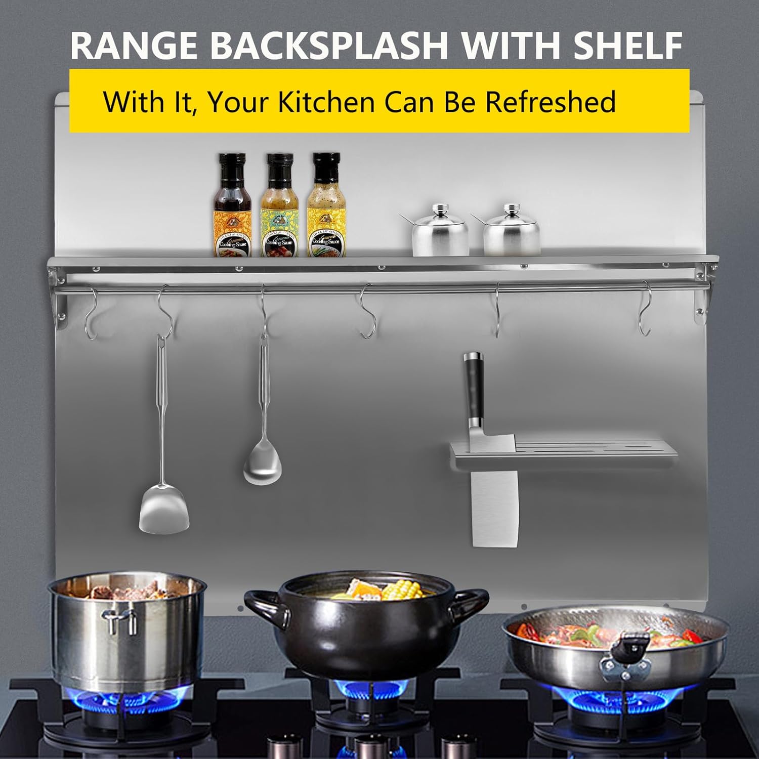 Range Backsplash with Shelf 36x 29.5 Inch Range Hood Wall Shield, Stainless Steel Backsplash Silver Splash Plate for Range Hood Stainless Backsplash with Built-in Storage Shelf and Hanging Rack